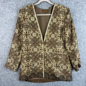 Danar Hadi Indonesian Batik Jacket Blazer Womens Medium Brown Lightweight Boho
